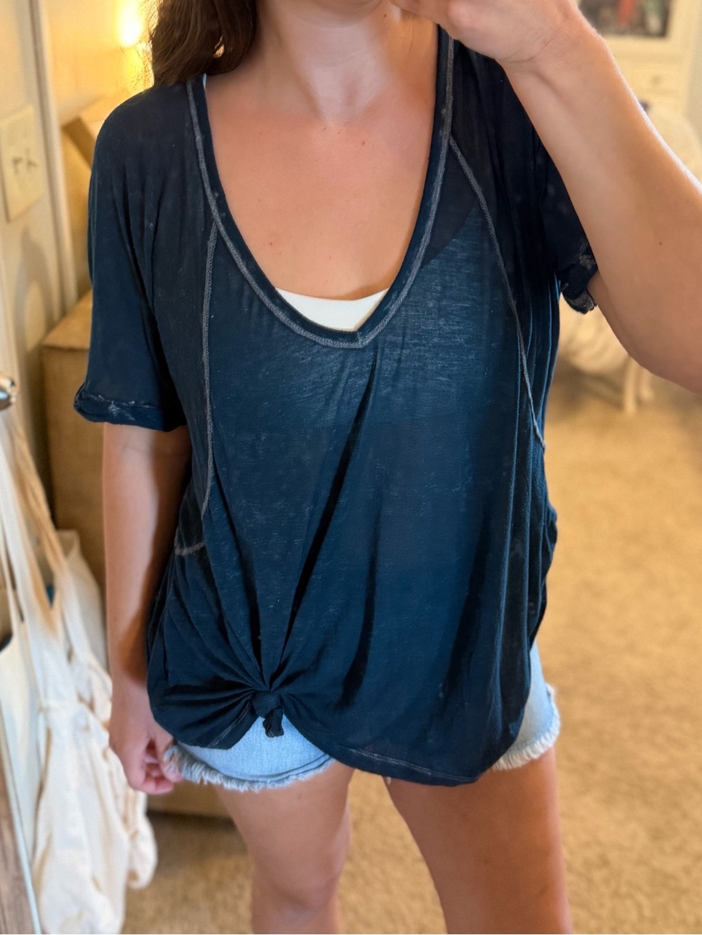 Free People Navy V-Neck Short Sleeve Knot Tee